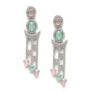 Rhodium-Plated Silver Toned Lime Green & Pink American Diamond studded Crescent Shaped Drop Earrings