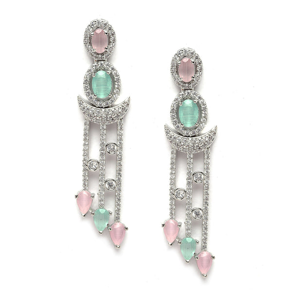 Rhodium-Plated Silver Toned Lime Green & Pink American Diamond studded Crescent Shaped Drop Earrings