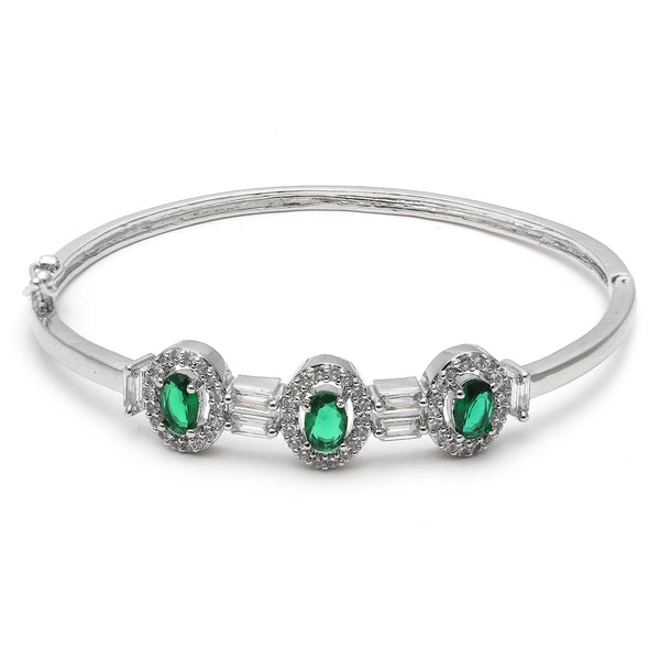 Rhodium Plated Silver Toned Oval Shaped Emerald Green American Diamond Studded Kada Bracelet