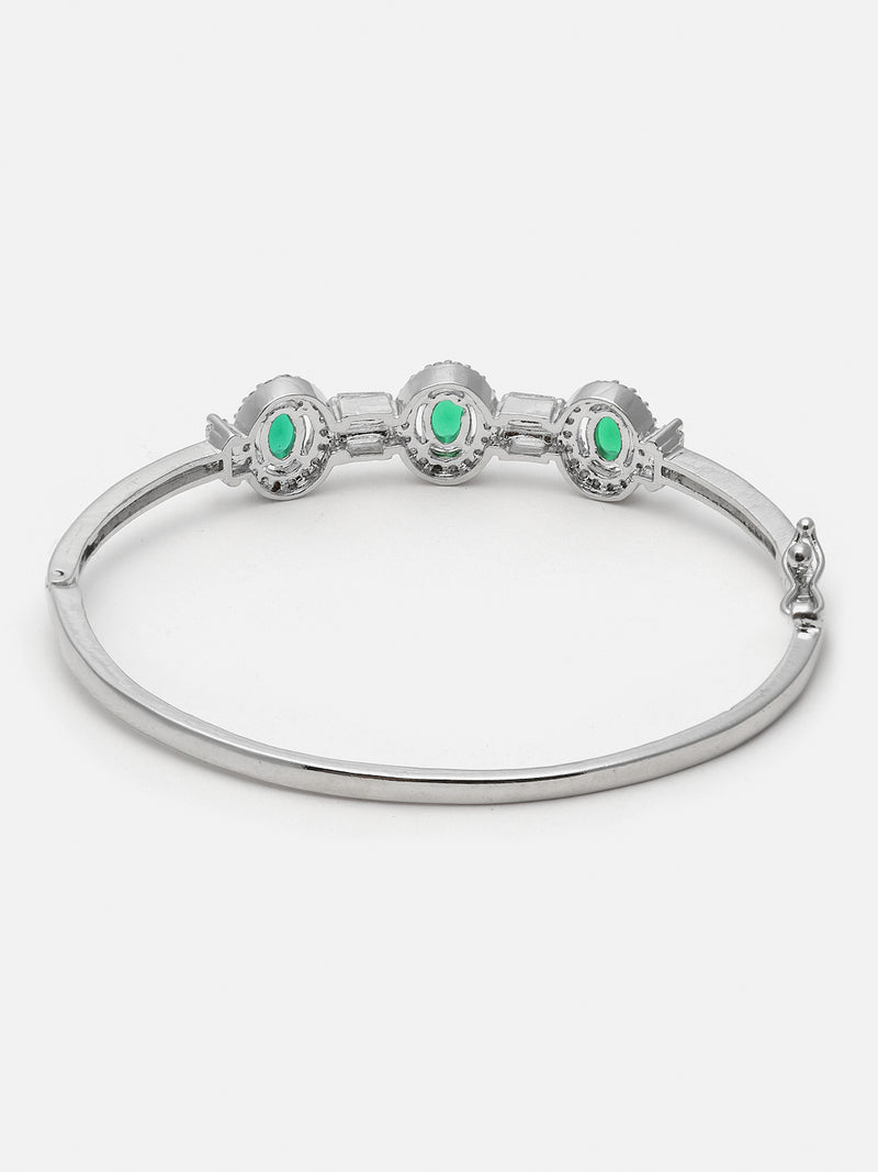 Rhodium-Plated Green Oval Shape American Diamond Studded Kada Bracelet