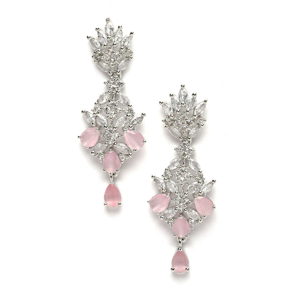 Rhodium-Plated Silver Toned Pink American Diamond studded Spiked Shaped Drop Earrings