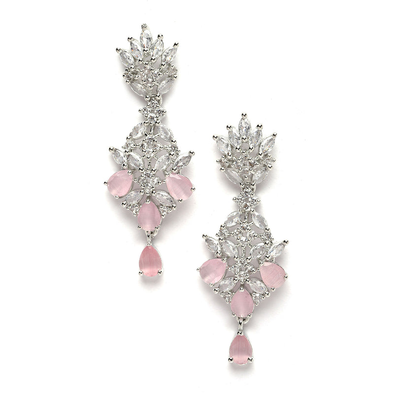 Rhodium-Plated Silver Toned Pink American Diamond studded Spiked Shaped Drop Earrings