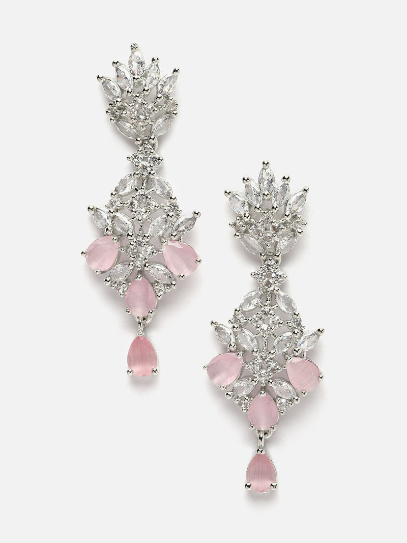 Rhodium-Plated Silver Toned Pink American Diamond studded Spiked Shaped Drop Earrings
