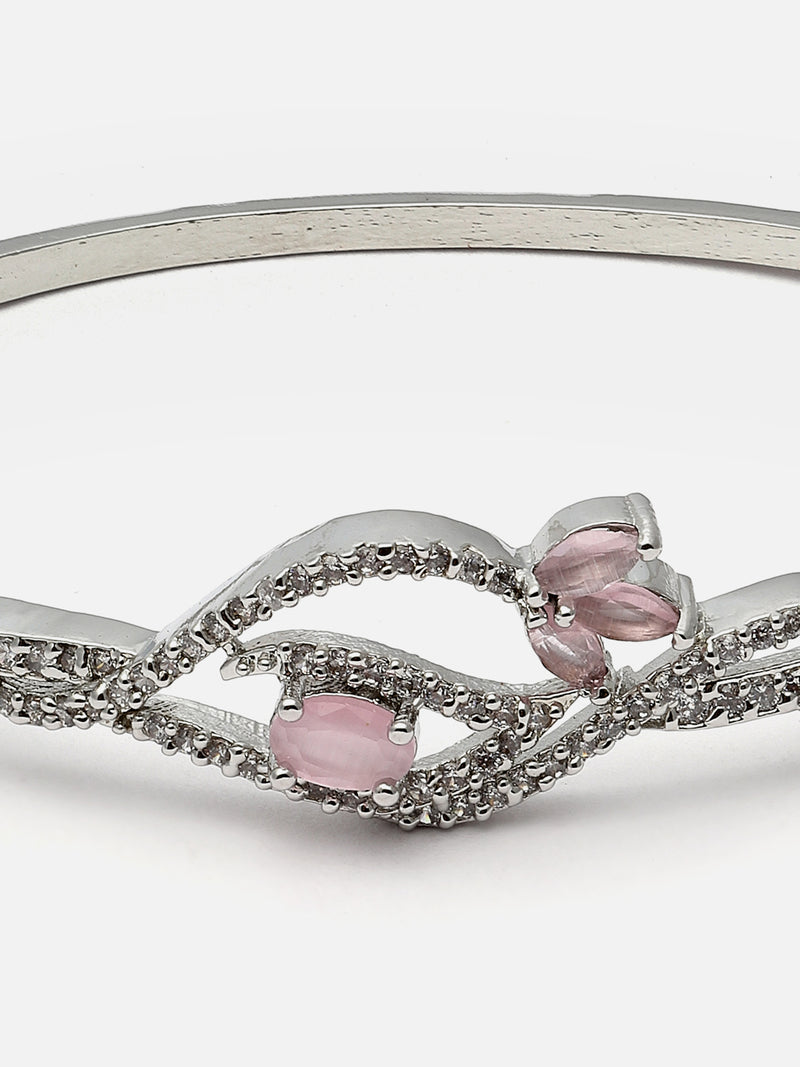 Rhodium-Plated Pink American Diamond Studded Handcrafted Kada Bracelet