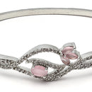 Rhodium-Plated Silver Toned Floral Pink American Diamond Studded Kada Bracelet