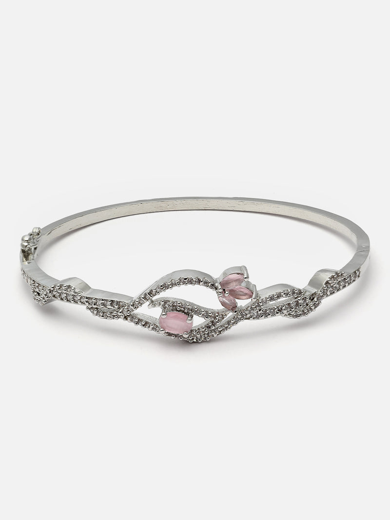 Rhodium-Plated Pink American Diamond Studded Handcrafted Kada Bracelet