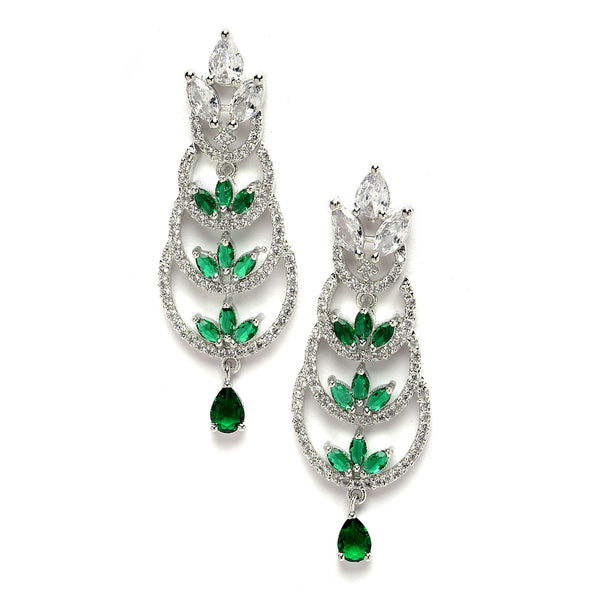 Rhodium-Plated Silver Toned Green & White American Diamond studded Crescent Shaped Drop Earrings