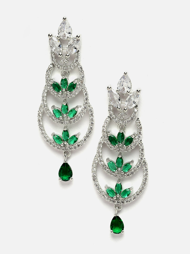 Rhodium-Plated Silver Toned Green & White American Diamond studded Crescent Shaped Drop Earrings