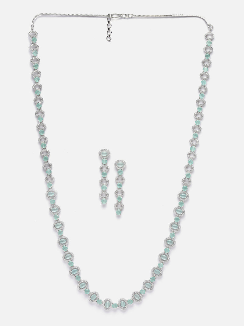 Rhodium-Plated Silver Toned Oval Sea Green American Diamond Long Necklace with Drop Earrings Jewellery Set