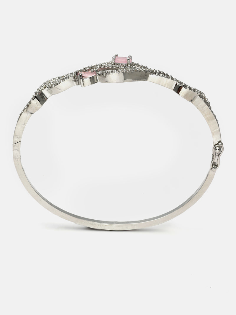 Rhodium-Plated Pink American Diamond Studded Handcrafted Kada Bracelet