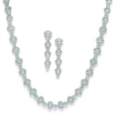 Rhodium-Plated Silver Toned Oval Sea Green American Diamond Long Necklace with Drop Earrings Jewellery Set