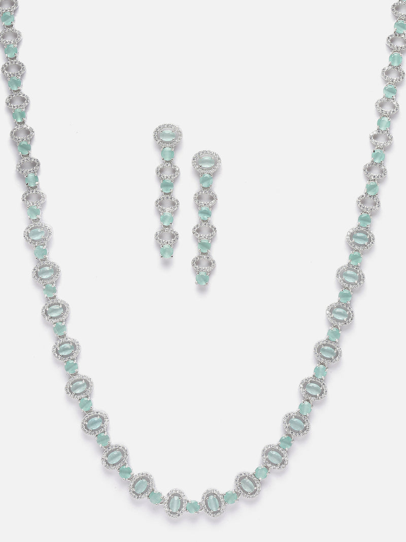 Rhodium-Plated Silver Toned Oval Sea Green American Diamond Long Necklace with Drop Earrings Jewellery Set