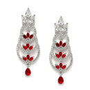 Rhodium-Plated Silver Toned Red & White American Diamond studded Crescent Shaped Drop Earrings