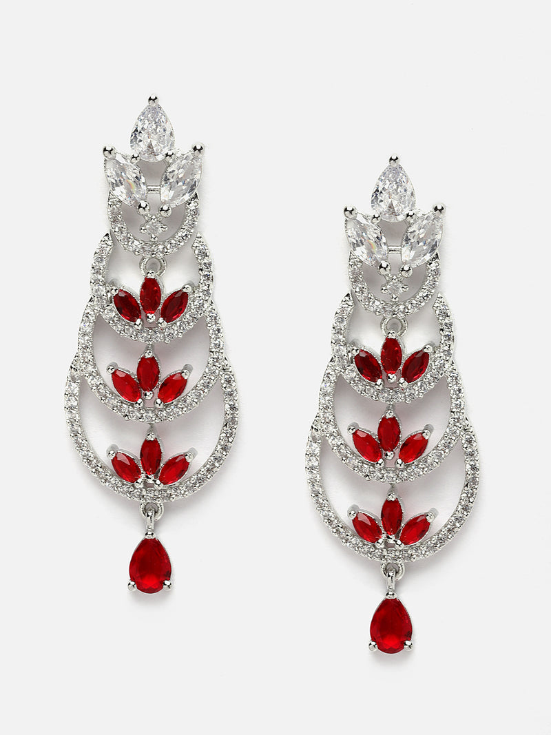 Rhodium-Plated Silver Toned Red & White American Diamond studded Crescent Shaped Drop Earrings