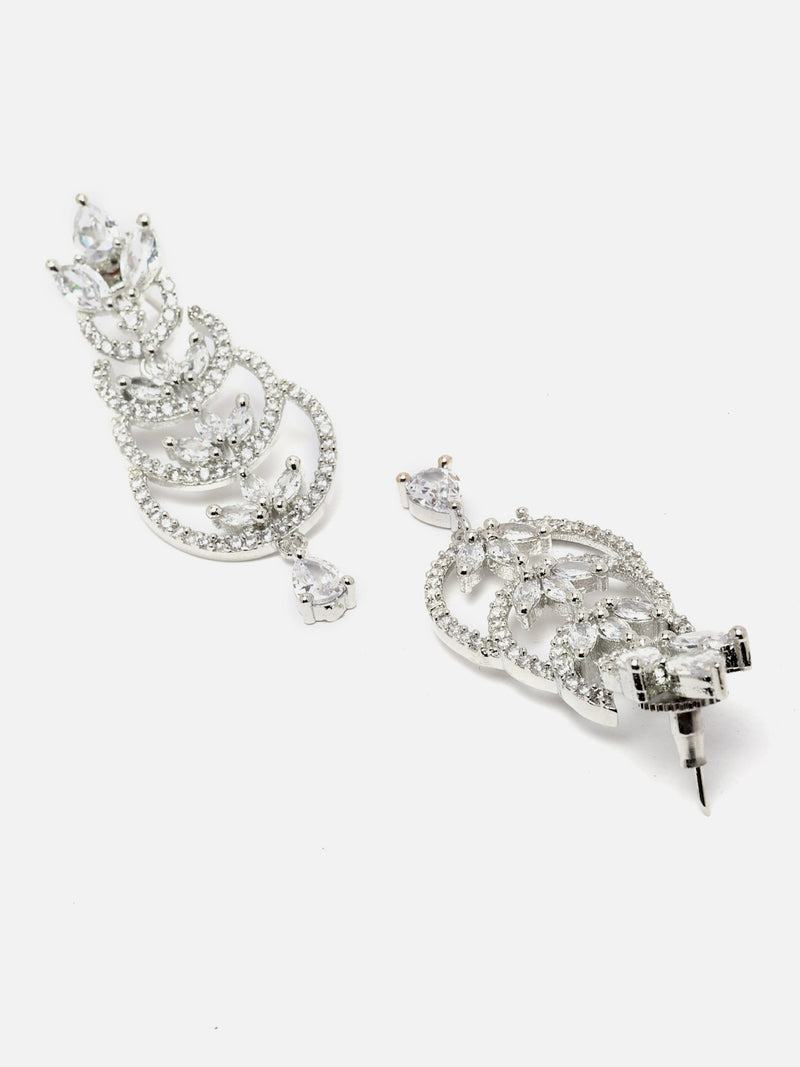 Rhodium-Plated Silver Toned White American Diamond studded Crescent Shaped Drop Earrings