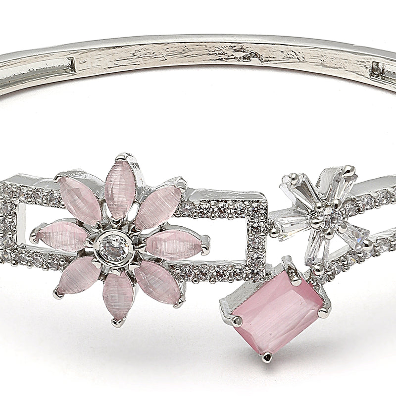 Rhodium-Plated Silver Toned Pink American Diamond Studded Bracelet