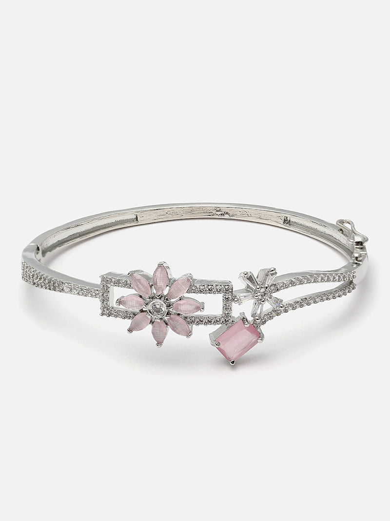 Rhodium-Plated Pink Flower & Square Shape American Diamond Studded Kada Bracelet