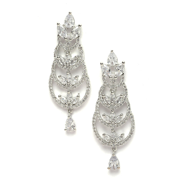Rhodium-Plated Silver Toned White American Diamond studded Crescent Shaped Drop Earrings