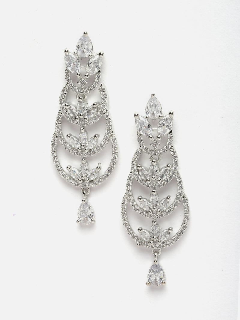 Rhodium-Plated Silver Toned White American Diamond studded Crescent Shaped Drop Earrings