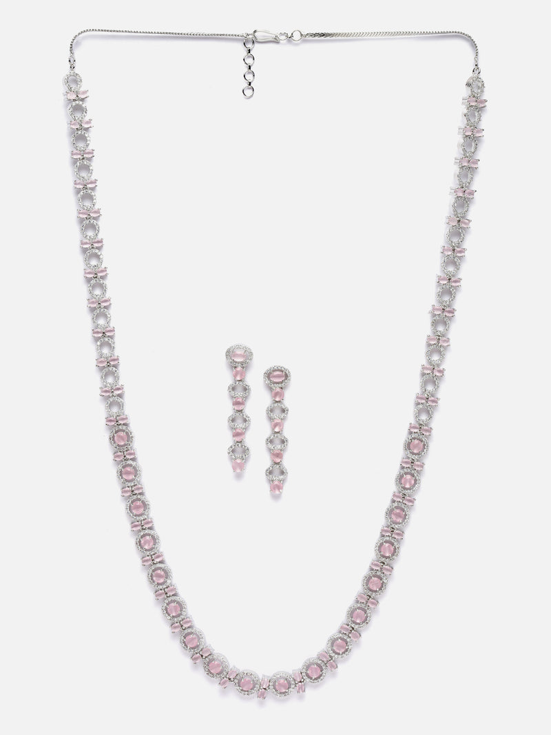 Rhodium-Plated Silver Toned Circular Pink American Diamond Long Necklace with Earrings Jewellery Set