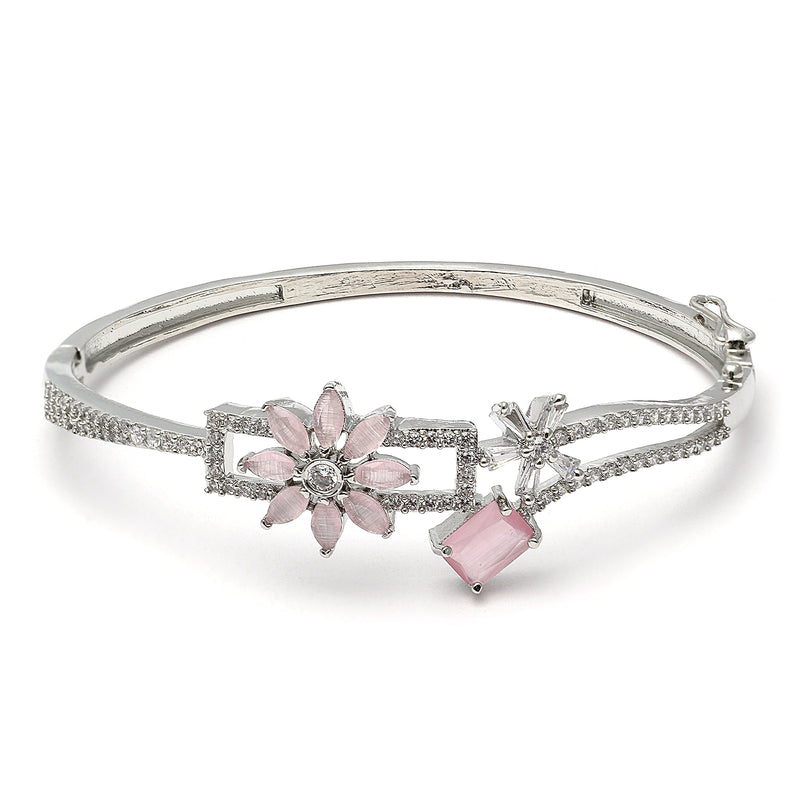 Rhodium-Plated Silver Toned Pink American Diamond Studded Bracelet