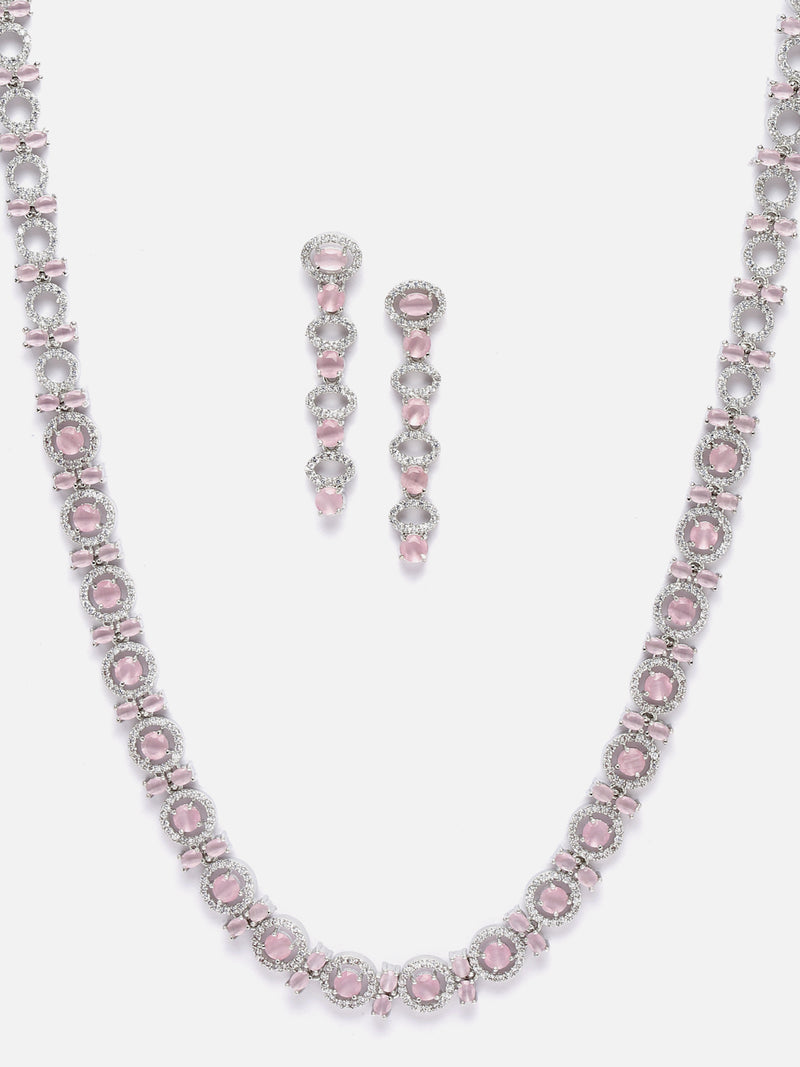 Rhodium-Plated Silver Toned Circular Pink American Diamond Long Necklace with Earrings Jewellery Set