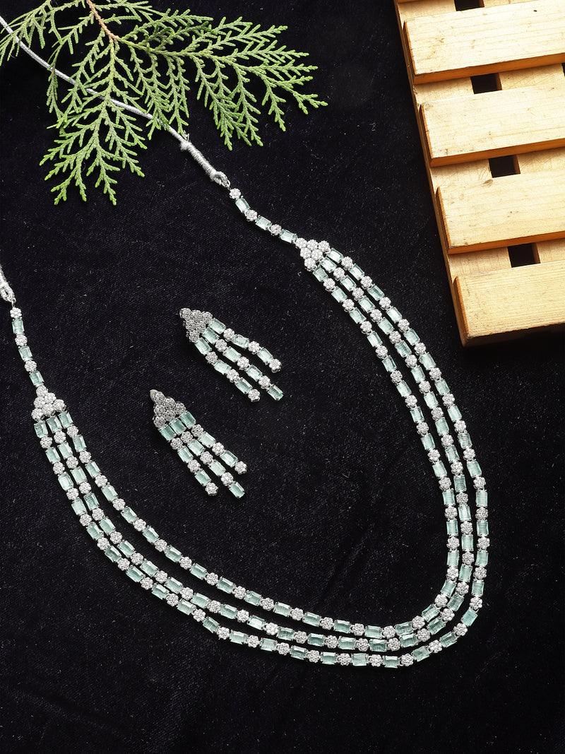 Rhodium-Plated Sea Green American Diamond Studded Layered Necklace & Earrings Jewellery Set