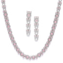 Rhodium-Plated Silver Toned Circular Pink American Diamond Long Necklace with Earrings Jewellery Set