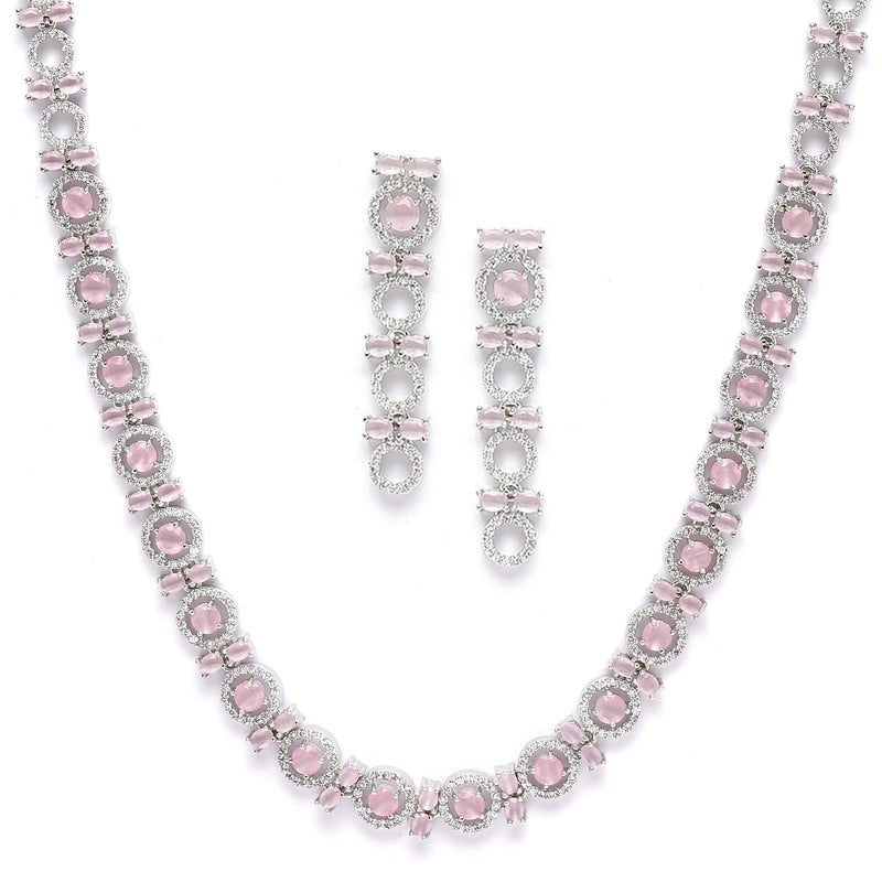 Rhodium-Plated Silver Toned Circular Pink American Diamond Long Necklace with Earrings Jewellery Set