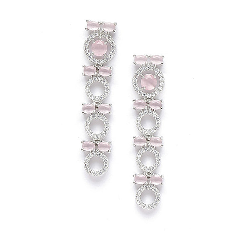 Rhodium-Plated Silver Toned Circular Pink American Diamond Long Necklace with Earrings Jewellery Set