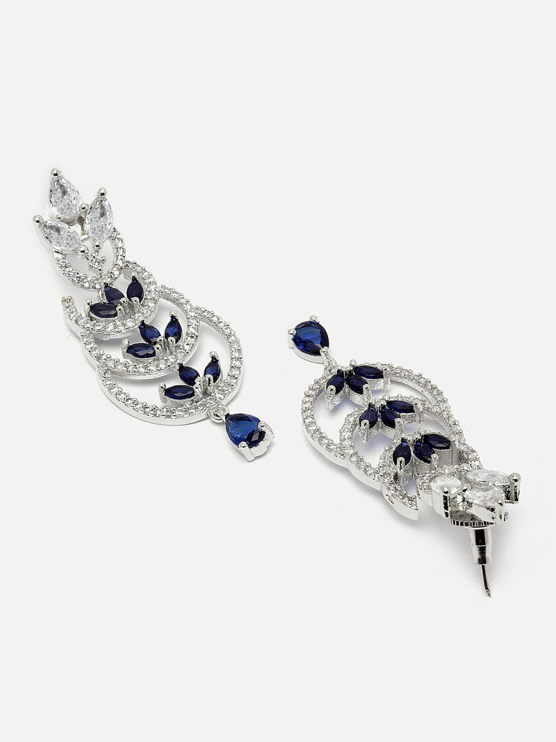 Rhodium-Plated Silver Toned Navy Blue & White American Diamond studded Crescent Shaped Drop Earrings