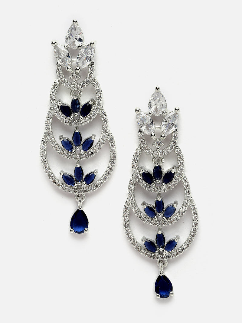 Rhodium-Plated Silver Toned Navy Blue & White American Diamond studded Crescent Shaped Drop Earrings