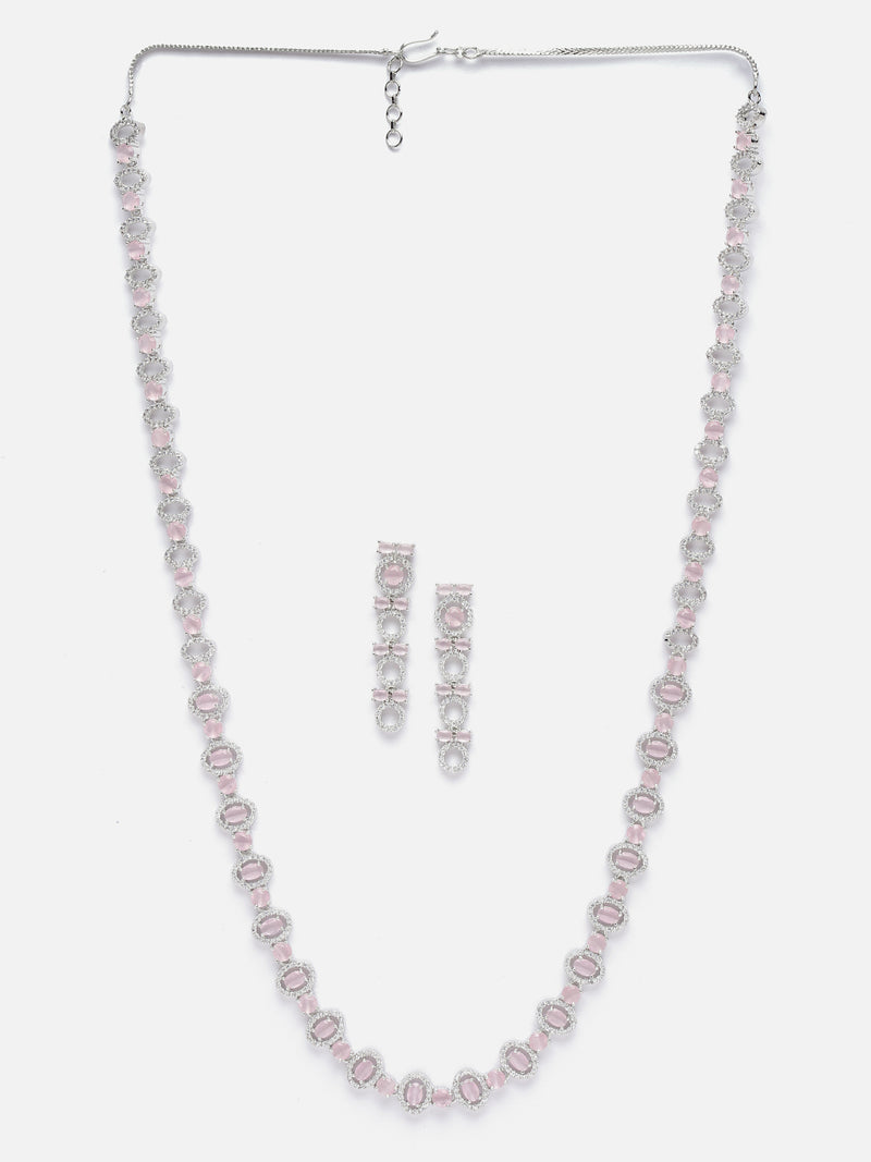 Rhodium-Plated Silver Toned Oval Pink American Diamond Long Necklace with Drop Earrings Jewellery Set