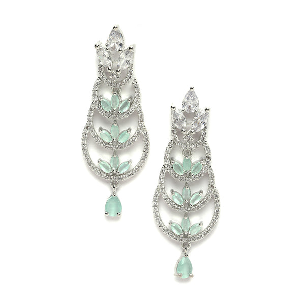 Rhodium-Plated Silver Toned Sea Green & White American Diamond studded Crescent Shaped Drop Earrings
