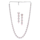 Rhodium-Plated Silver Toned Oval Pink American Diamond Long Necklace with Drop Earrings Jewellery Set