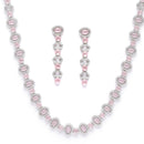 Rhodium-Plated Silver Toned Oval Pink American Diamond Long Necklace with Drop Earrings Jewellery Set