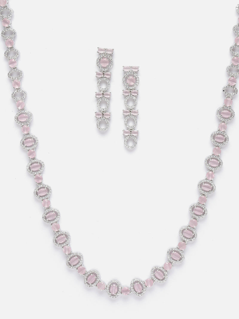 Rhodium-Plated Silver Toned Oval Pink American Diamond Long Necklace with Drop Earrings Jewellery Set