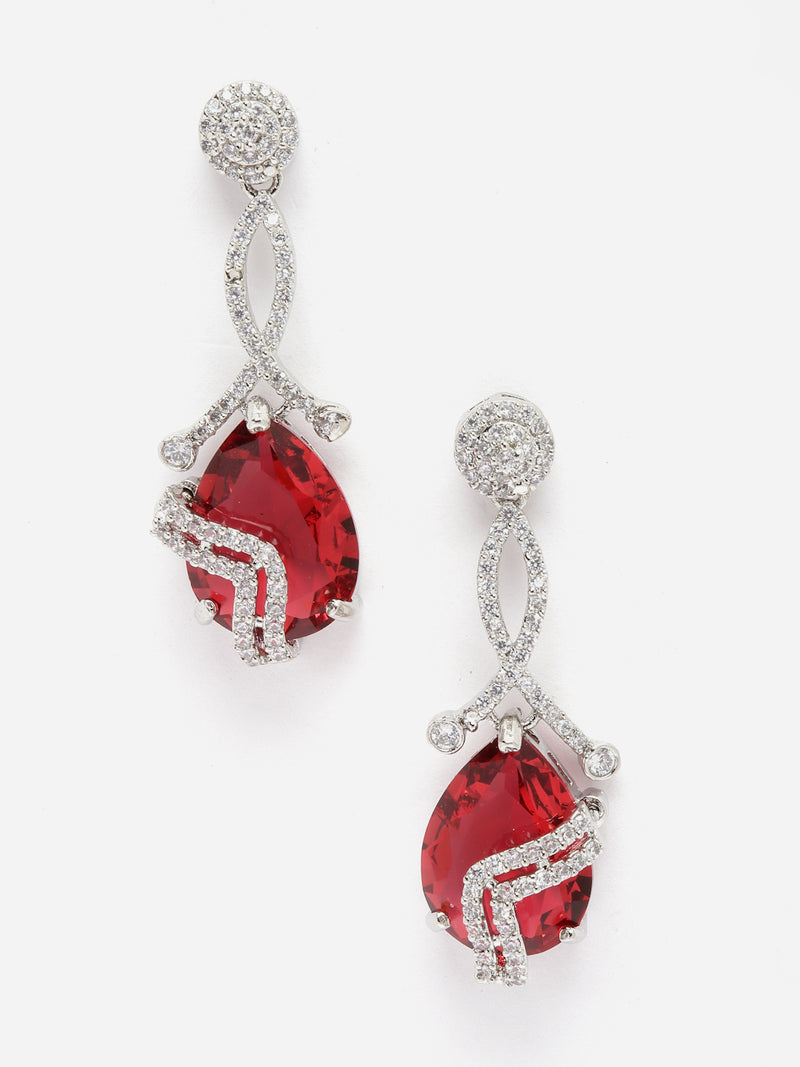 Rhodium-Plated Red & White American Diamond studded Trardrop Shaped Drop Earrings