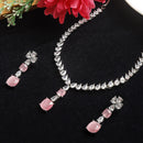 Rhodium-Plated Pink Square American Diamonds Studded Pendulous Necklace & Earrings Jewellery Set