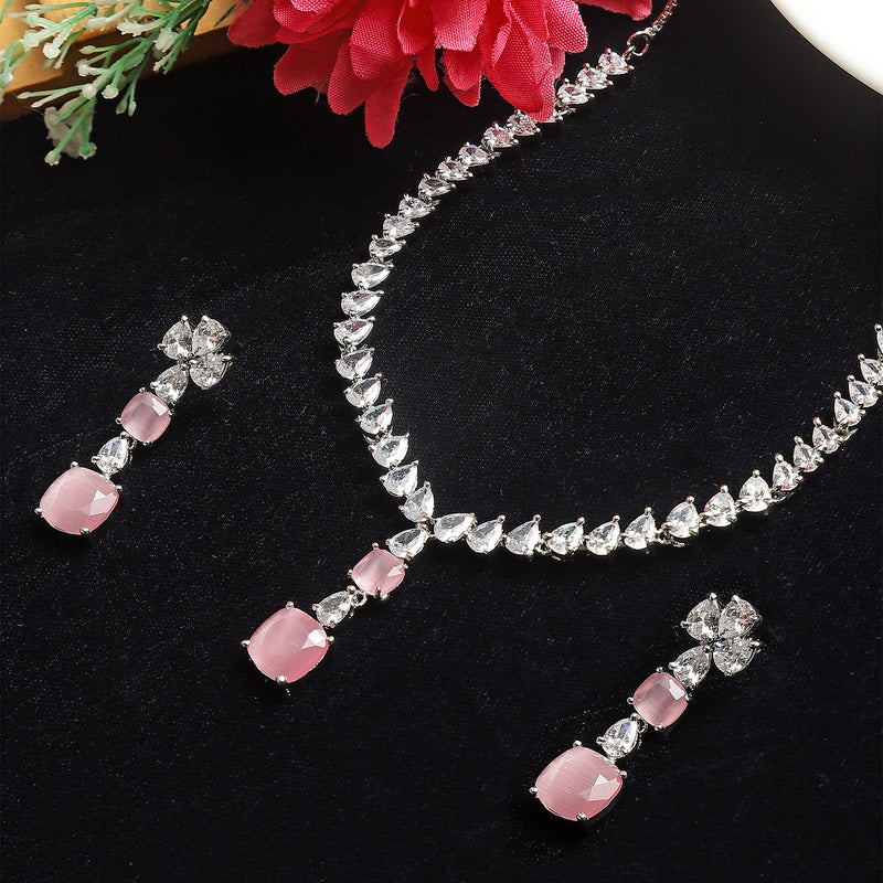 Rhodium-Plated Pink Square American Diamonds Studded Pendulous Necklace & Earrings Jewellery Set