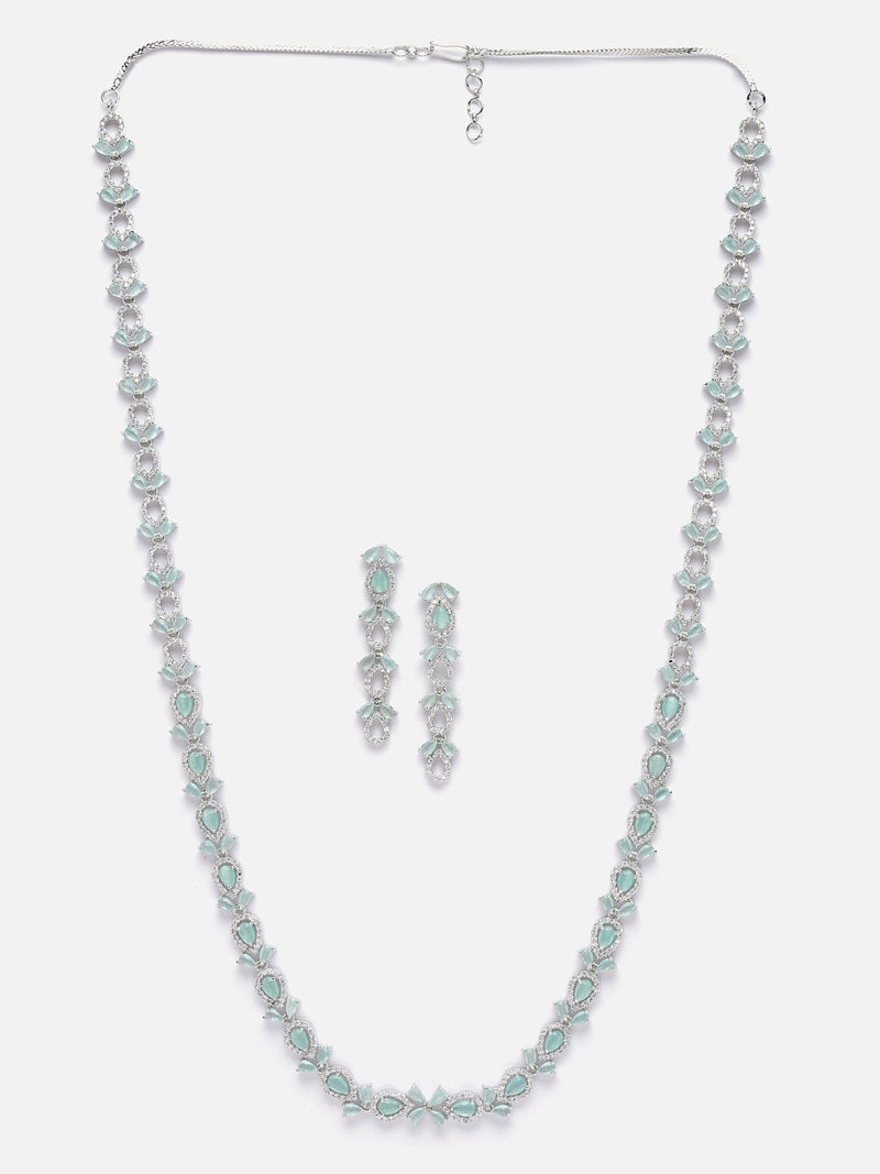 Rhodium-Plated Silver Toned Leaf Sea Green American Diamond Studded Long Necklace with Drop Earrings Jewellery Set