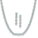 Rhodium-Plated Silver Toned Leaf Sea Green American Diamond Studded Long Necklace with Drop Earrings Jewellery Set