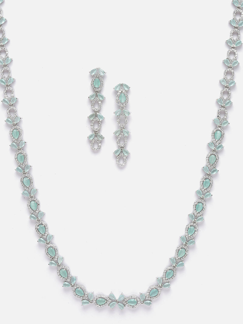 Rhodium-Plated Silver Toned Leaf Sea Green American Diamond Studded Long Necklace with Drop Earrings Jewellery Set