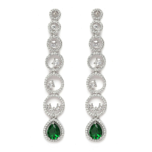 Rhodium-Plated Silver Toned Green & White American Diamond studded Circular Shaped Drop Earrings