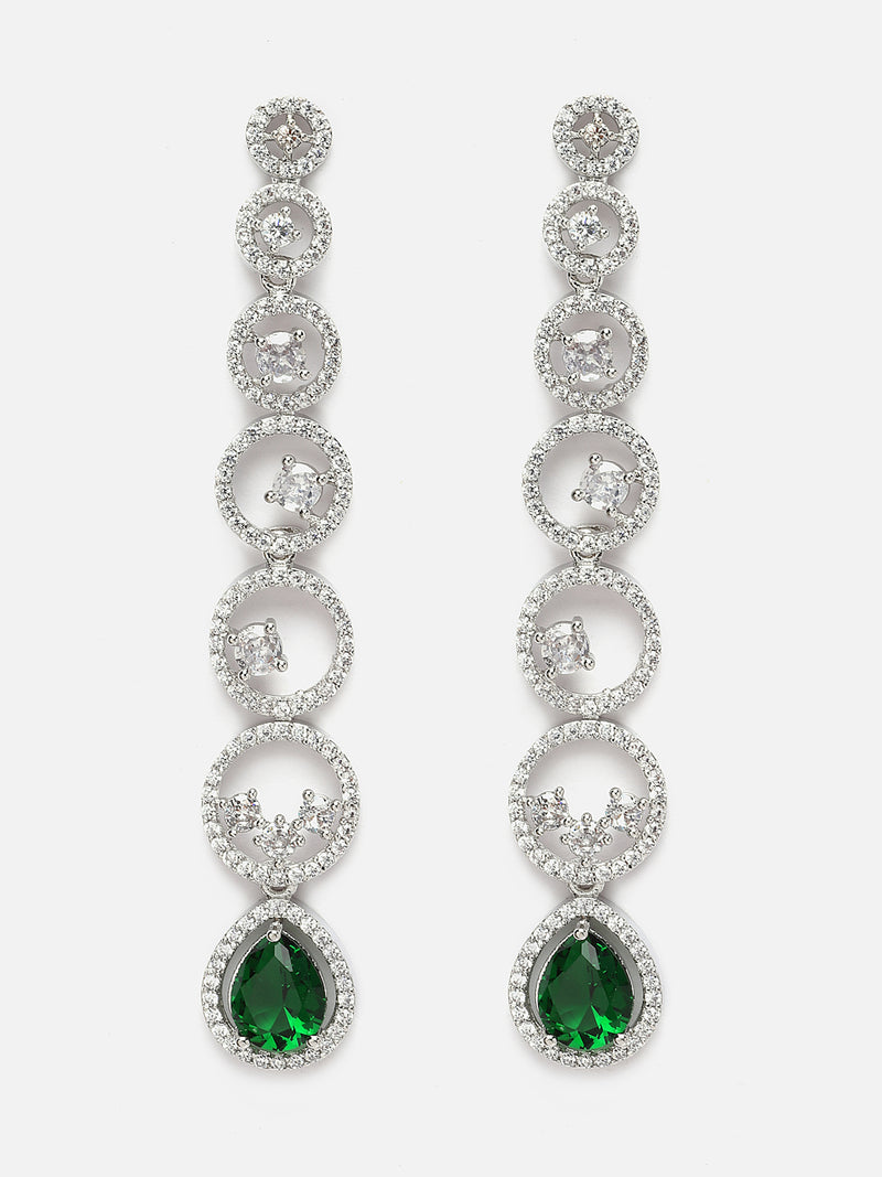 Rhodium-Plated Silver Toned Green & White American Diamond studded Circular Shaped Drop Earrings