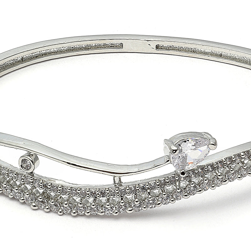 Rhodium Plated Silver Toned White Teardrop  American Diamond Stone Studded Kada Bracelet