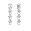 Rhodium-Plated Silver Toned Leaf Sea Green American Diamond Studded Long Necklace with Drop Earrings Jewellery Set