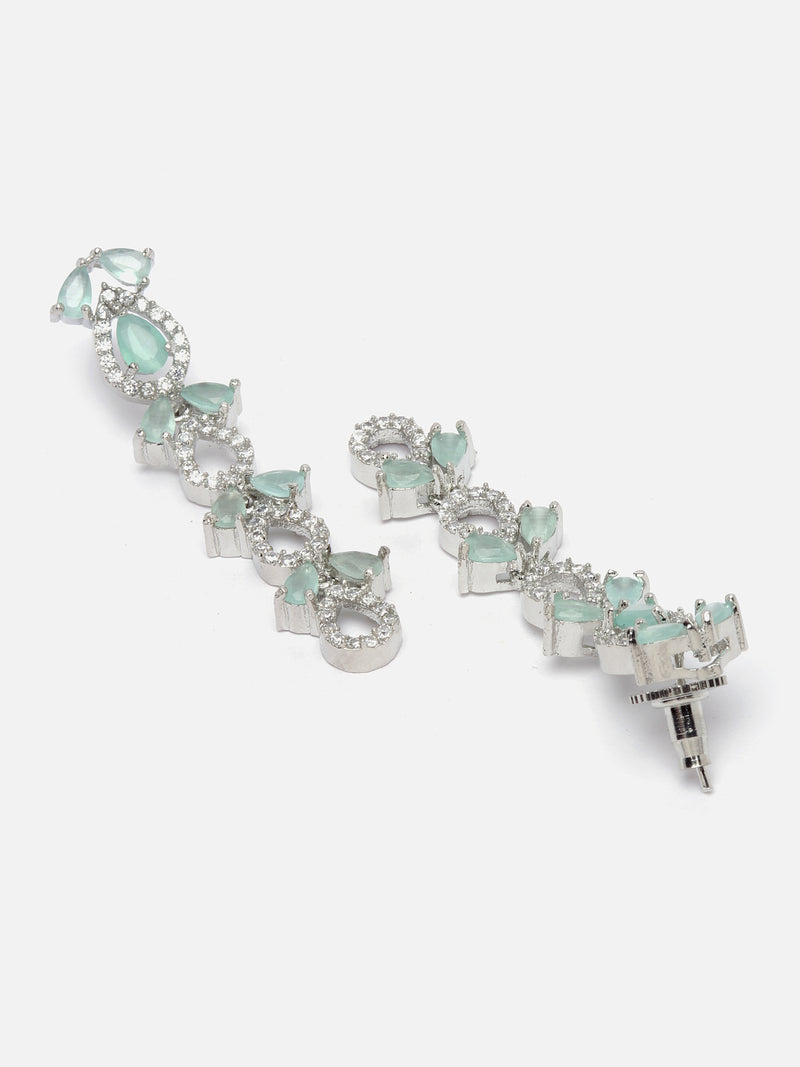 Rhodium-Plated Silver Toned Leaf Sea Green American Diamond Studded Long Necklace with Drop Earrings Jewellery Set