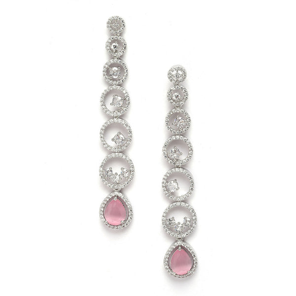 Rhodium-Plated Silver Toned Pink & White American Diamond studded Circular Shaped Drop Earrings