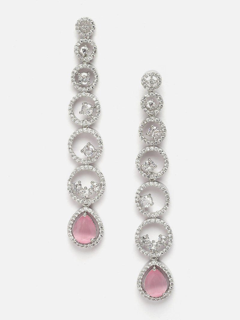 Rhodium-Plated Silver Toned Pink & White American Diamond studded Circular Shaped Drop Earrings